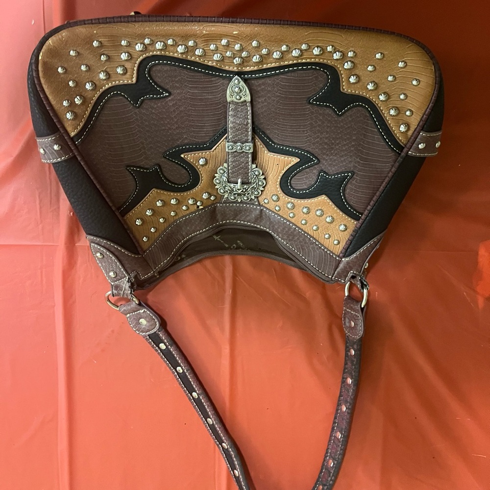 Brown and Tan Studded Handbag